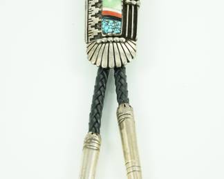 Lewis Quiyo inlaid bolo tie-sterling, onyx, coral