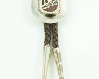 Inlaid white turquoise, onyx & coral bolo tie