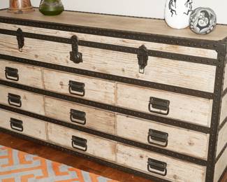 Rustic iron and distressed wood trunk cabinet-very RH like-approximately 6ft long. 