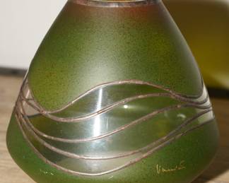 Mid Century emerald glass & sterling vase-Signed Van S.