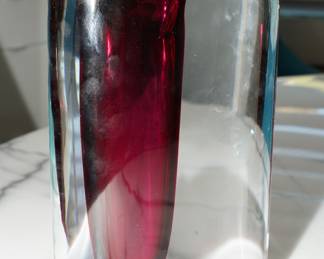 Cranberry & clear art glass vase-Murano and signed