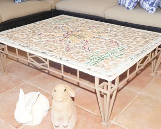 Inlaid mosaic wrought iron patio coffee table