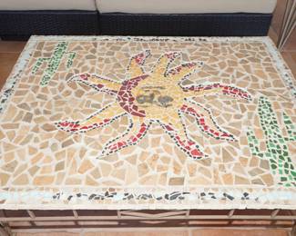 Inlaid mosaic wrought iron patio side tables x 2