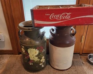 2 milk Cans and a coke wooden crate