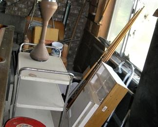 Metal rolling cart, old metal high chair,old pool table, pool sitcks, vintage ashtrays, etc, etc,