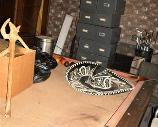 vintage pool table,sombrero, file cabinets and more