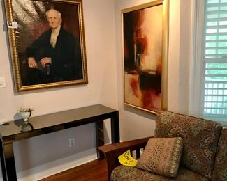 Famous Artist/Famous Subject 19th cent portrait, 2 Ethan Allen love seats, attributed Duckworth porcelain