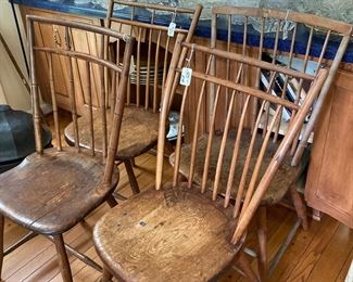 Collection of 19 century Windsor chairs, primitive chairs