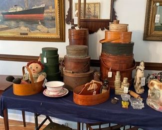 Collection of shaker boxes, butter, churn, chalk ware. (NUMBER OF SHAKER BOXES HAVE SOLD)