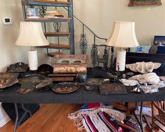Collection of Ebony,  chinoiserie lacquerware, French tole wine caddy, container, sea shells.