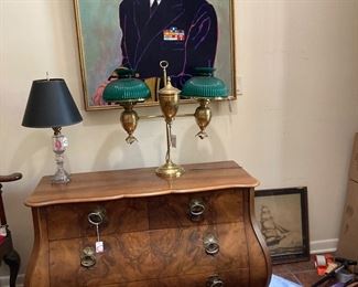20th century, walnut, Baker furniture company commode/chest, Military portrait, done by listed artist, Tull.