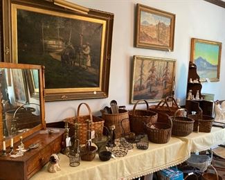 19 century, maple, shaving mirror, dresser stand, assortment of baskets