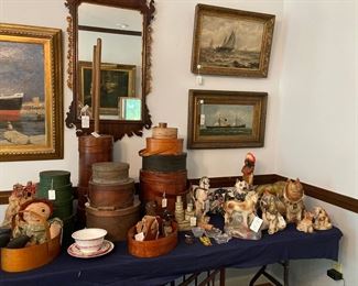 Shaker Boxes, butter churn, and figural chalkware. MANY SOLD