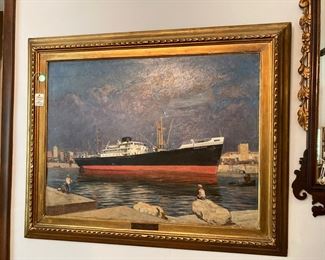M.N. ENGLAND at Leghorn, Maiden Voyage. by Filippetti 1947. Oil on Canvas