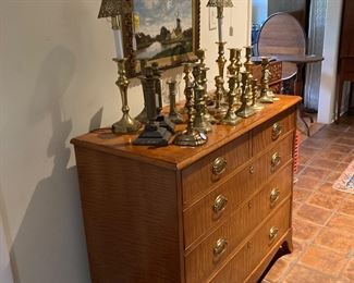 Curly Maple Chest and 19 th Century Brass Candlesticks  Curly Maple Sold