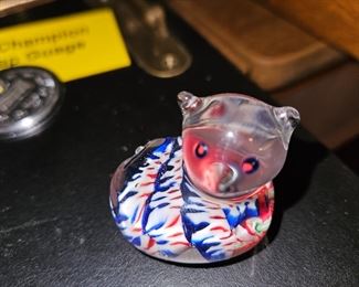 Vintage Art Glass Millefiori Cat Paperweight Red White Blue!
