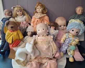 Lot of (10) Collectible Porcelain and Plush Dolls and Teddy