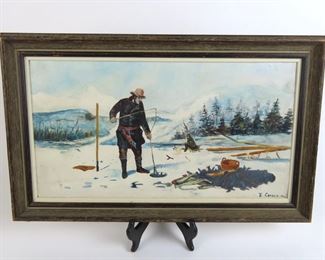 Framed Ice Fishing Painting on Board by E. Cayson - 1948