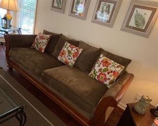 Velvet Empire couch, 91”long by 38” deep, lovely statement piece