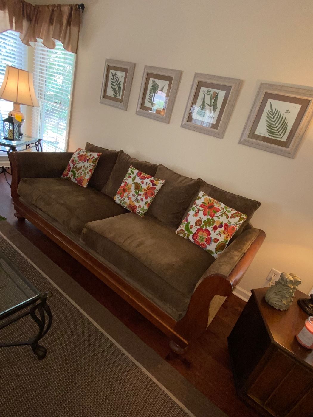 Velvet Empire couch, 91”long by 38” deep, lovely statement piece