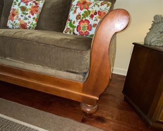 Moss green Velvet Empire couch, 91”long by 38” deep, lovely statement piece