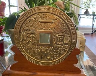 Large brass Chinese lucky coin on mounted wooden base
