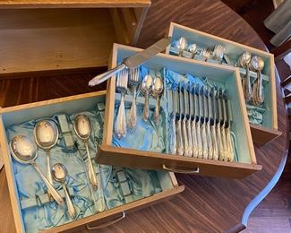 Nickel silver MCM utensil set for 12 placesettings with several serving pieces