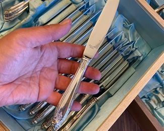 Nickel silver MCM utensil set for 12 placesettings with several serving pieces