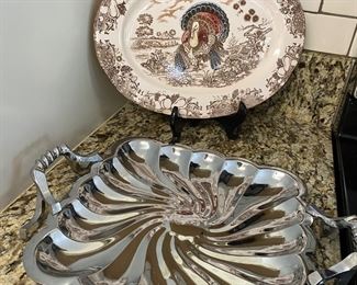 Transfer ware, turkey platter, and decorative platters