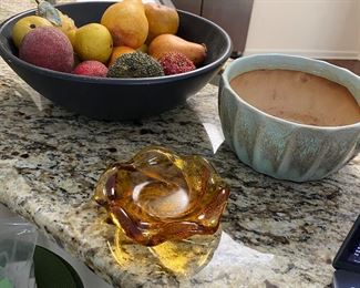 Wooden bowl with fruit, and marigolds Glass bowl/ashtray