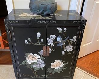 Petite Asian, black or painted boys in a style cabinet, with vintage iron lamb/trinket box