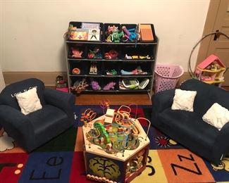 Cute navy loveseat and chair & a bin shelf as well as a busy bee play center