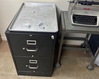 Two drawer filing cabinet and vintage typewriter