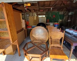 Book case, Kitchen table and chairs, Tall couch table