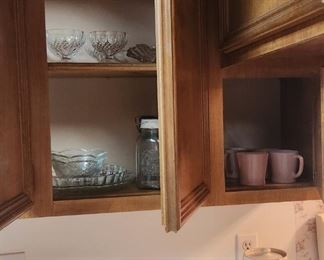 Depression glass pink and vintage cookie jar