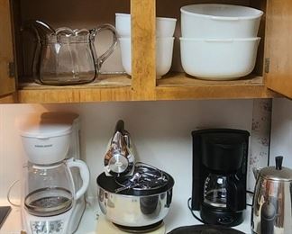 Vintage coffee percolator along with cast iron covered skillet