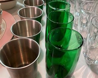 Forest Green Depression Glass and Pewter Cups
