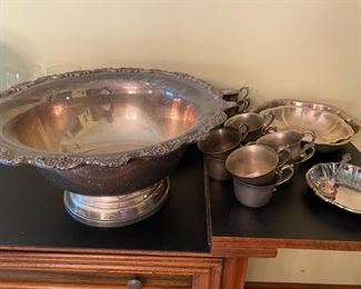 Silver plated punch bowl and cups
