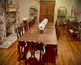 Enormous dining table to seat 16 people. Chairs designed by owner for Harrod’s of London. Countess Spencer (Princess Diana’s step mother) bought matching set for Althorp. 