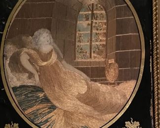 Pair colonial Silk embroidery pieces framed in antique reverse painted glass frames 