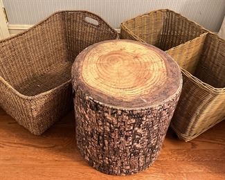 2 Large Baskets, 1 On Casters & Faux Log Stool By MeroWings
Lot #: 116