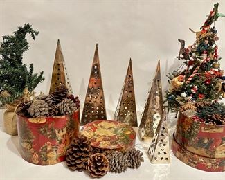 Stacking Metal Christmas Trees, 2 Mini Trees & 2 Collaged Paper Boxes With Pinecone Ornaments
Lot #: 43