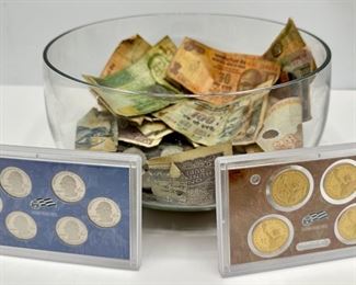 2 Sets Collectors Coins From United States Mint & Bowl Of Foreign Currency
Lot #: 175