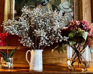 2 Faux Flower Arrangements Permanently Attached To Vases & Christas Glittery Berries In Porcelain Pitcher
Lot #: 173