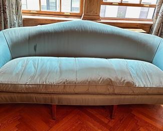 Vintage Sofa With Carved Wood Details & 2 Pillows, Rose Pattern Slipcover Included
Lot #: 59