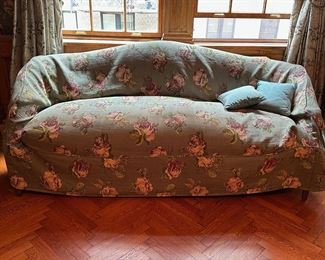 Vintage Sofa With Carved Wood Details & 2 Pillows, Rose Pattern Slipcover Included
Lot #: 59