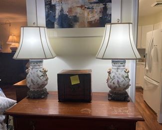 $180 
Pair of lamps pottery with floral fruits 30""H"	