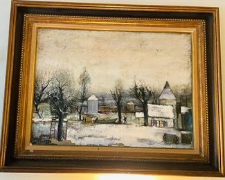 $200 Guy Cambier snow scene oil painting on canvas 37”x 29”some damages lower left as is price 