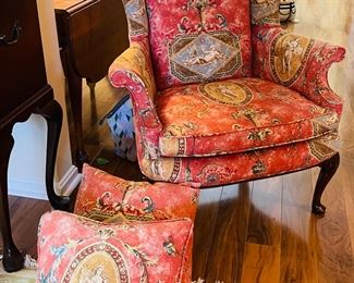 $245 	
Versace style fabric wing back chairs + 2 pillows 		