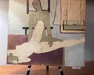 Two figures, oil, paper collage on Masonite